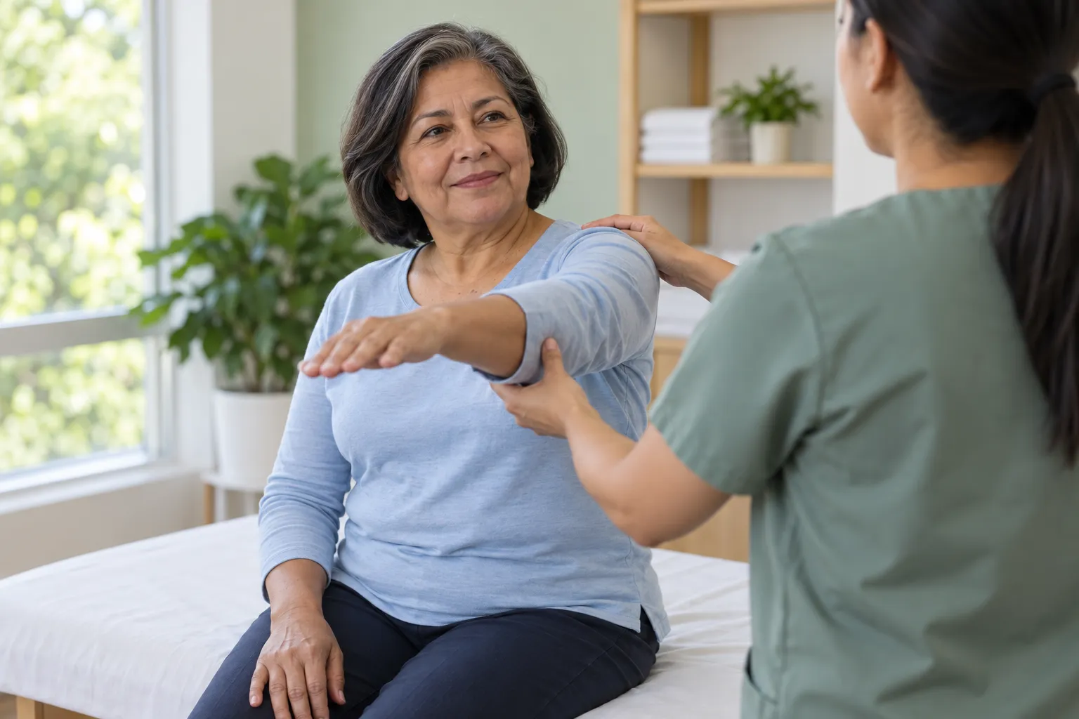 Fisioterapeuta revisando el movimiento del hombro de una señora sentada en la camilla, que levanta el brazo con una sonrisa (imagen ilustrativa)