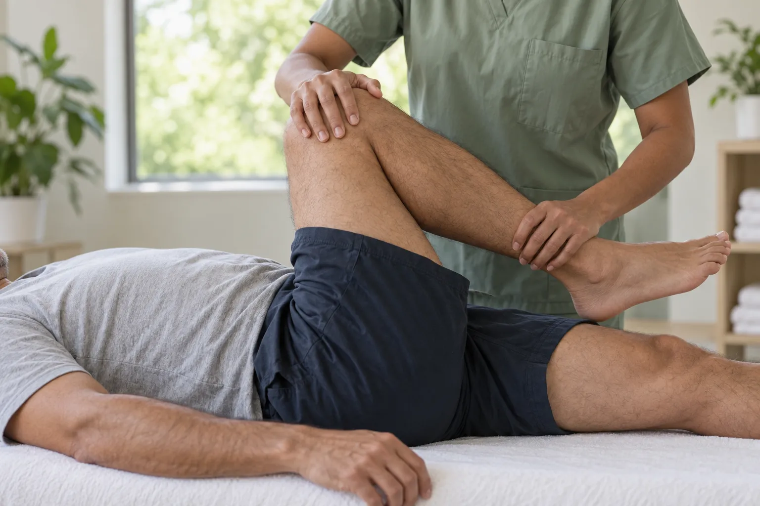 Fisioterapeuta guiando un estiramiento de cadera a un paciente acostado, con la rodilla doblada (imagen ilustrativa)