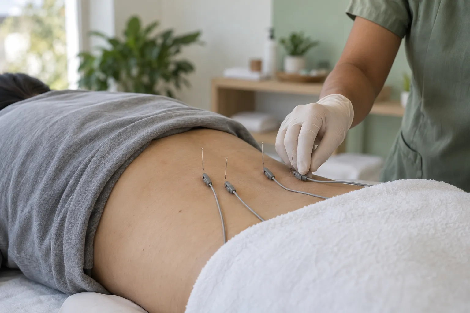 Agujas finas de electropunción en la espalda baja de un paciente acostado, conectadas con pinzas a cables delgados (imagen ilustrativa)
