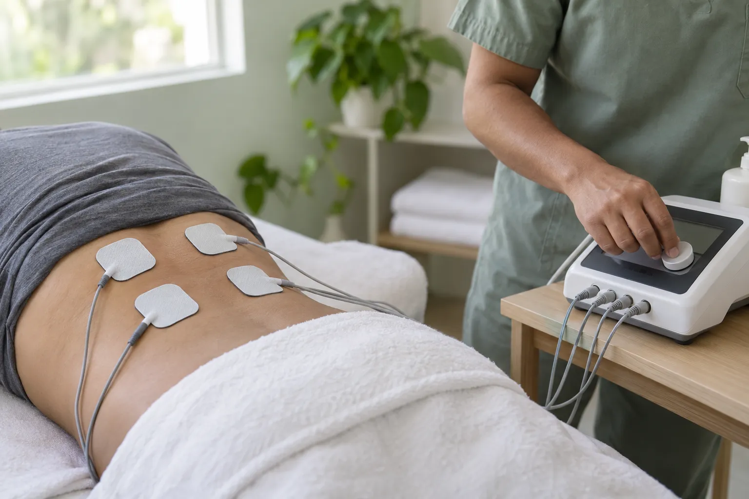 Electrodos de electroterapia en la espalda baja de un paciente acostado mientras la fisioterapeuta ajusta el aparato (imagen ilustrativa)