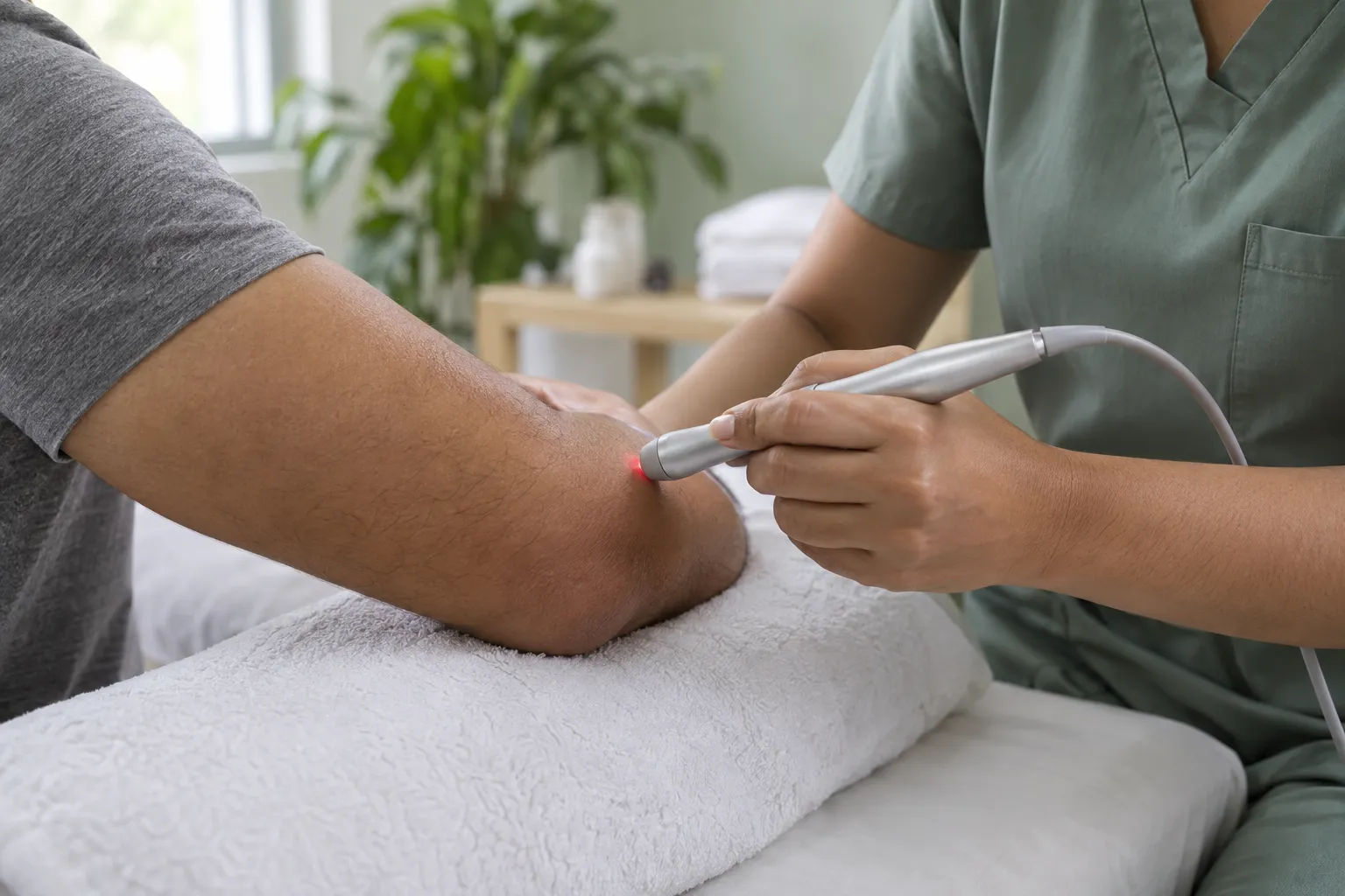 Fisioterapeuta aplicando láser terapéutico en el codo de un paciente, con el brazo apoyado en una toalla (imagen ilustrativa)