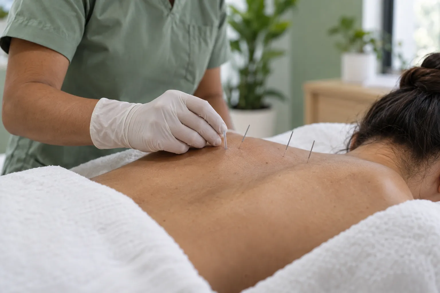 Fisioterapeuta con guantes colocando agujas finas de punción seca en la espalda alta de una paciente acostada (imagen ilustrativa)